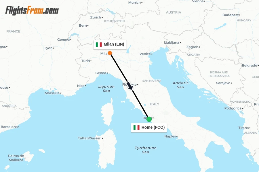 Flights from Milan to Rome route map