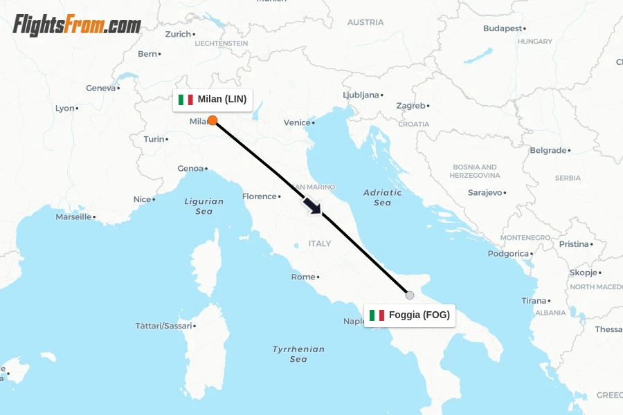 Flights from Milan to Foggia route map