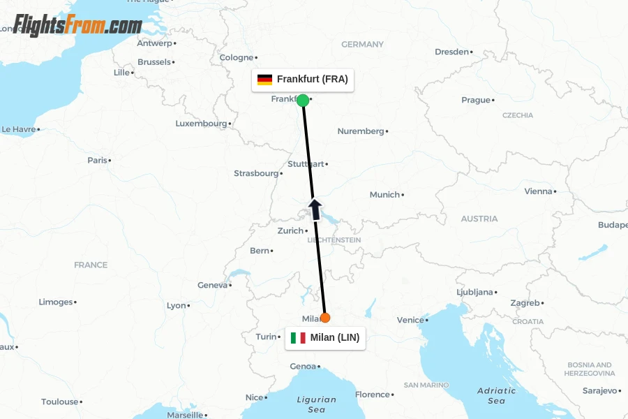 Flights from Milan to Frankfurt route map