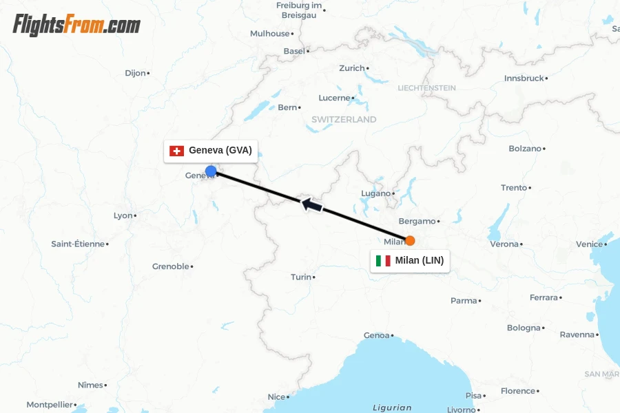 Flights from Milan to Geneva route map