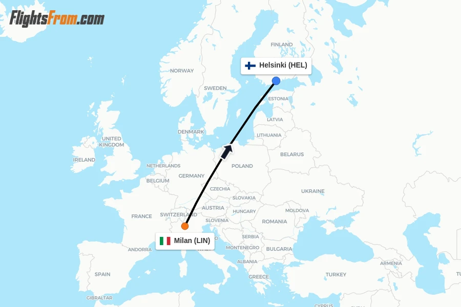 Flights from Milan to Helsinki route map