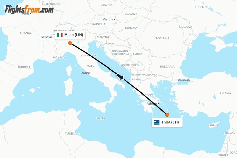 Flights from Milan to Thira route map