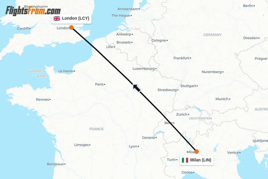 Flights from Milan to London route map