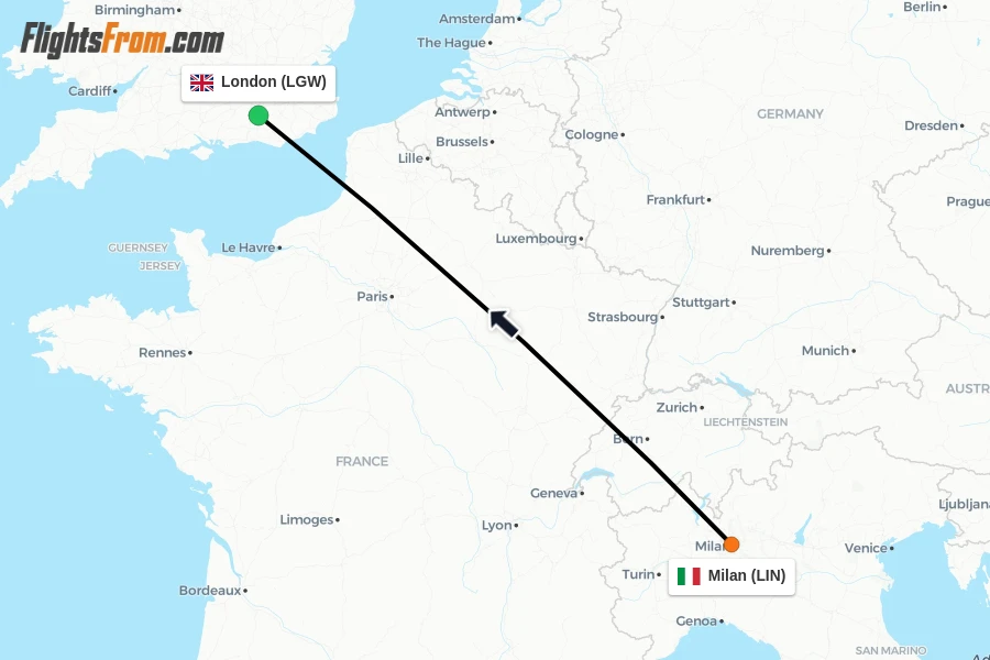 Flights from Milan to London route map