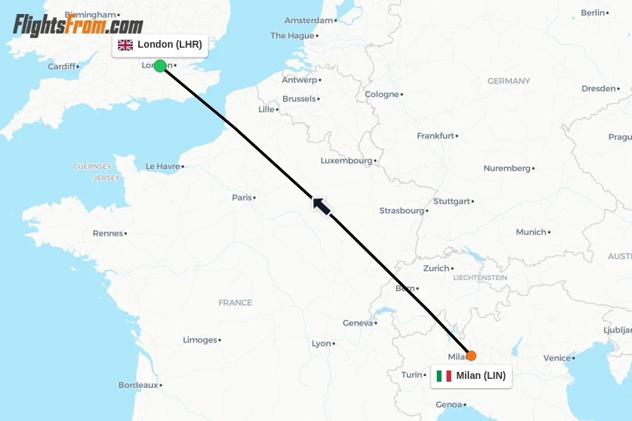 Flights from Milan to London route map