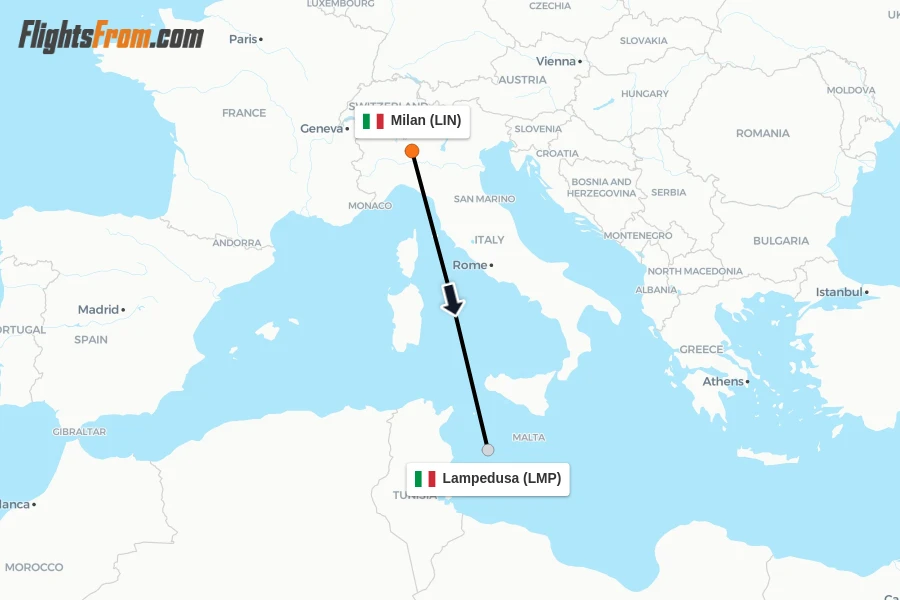 Flights from Milan to Lampedusa route map