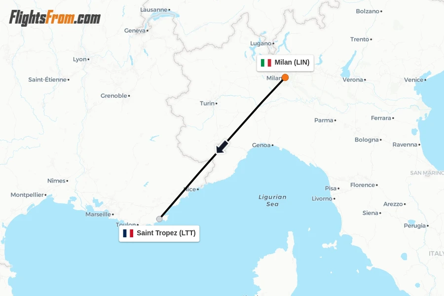 Flights from Milan to Saint Tropez route map
