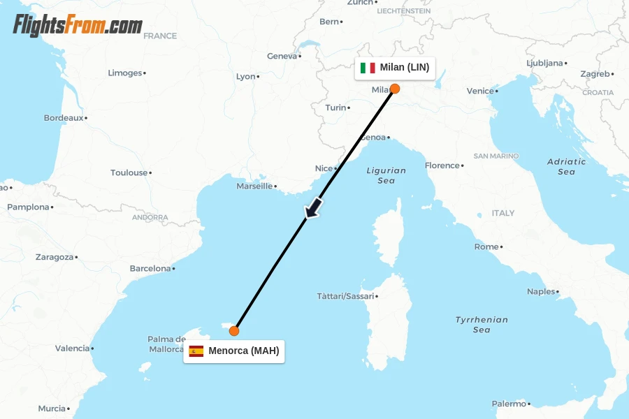 Flights from Milan to Menorca route map