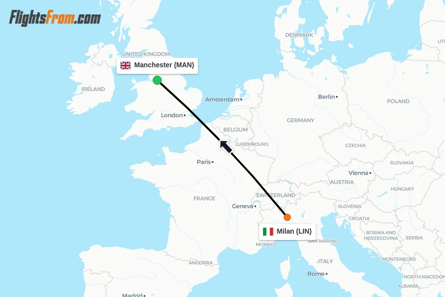 Flights from Milan to Manchester route map