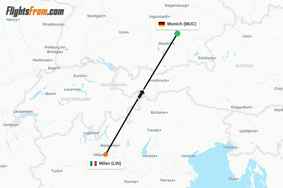 Flights from Milan to Munich route map