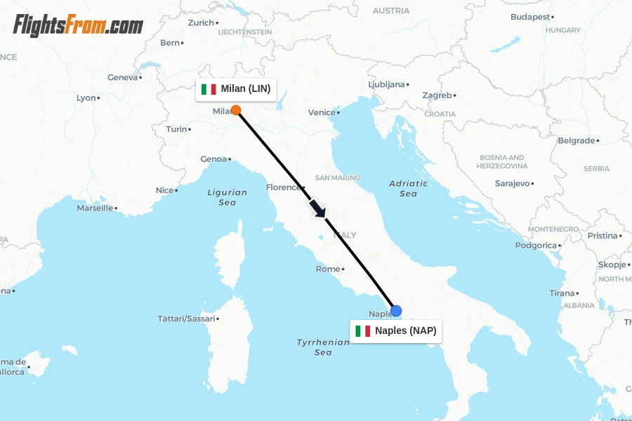 Flights from Milan to Naples route map