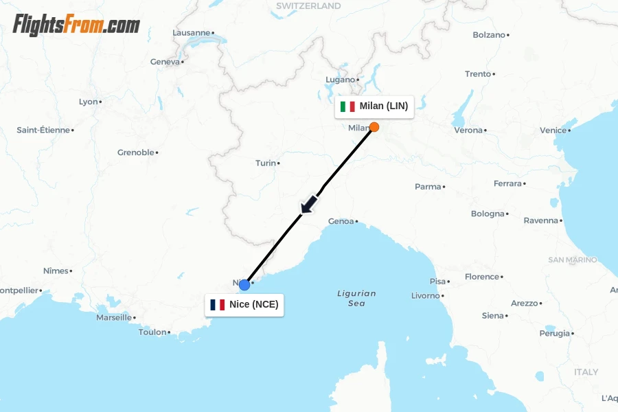 Flights from Milan to Nice route map