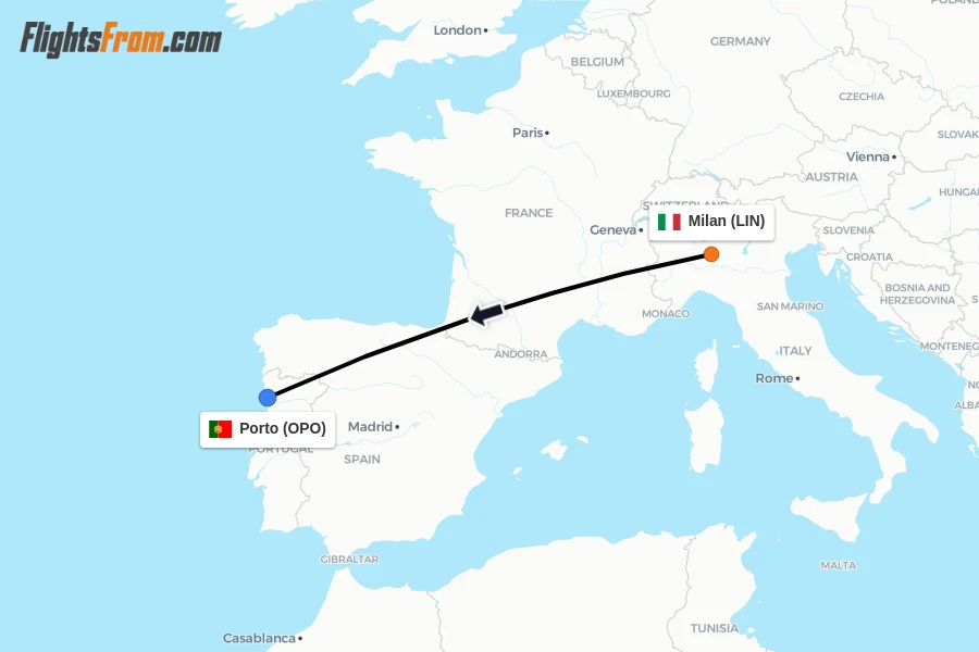 Flights from Milan to Porto route map