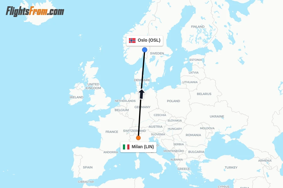 Flights from Milan to Oslo route map