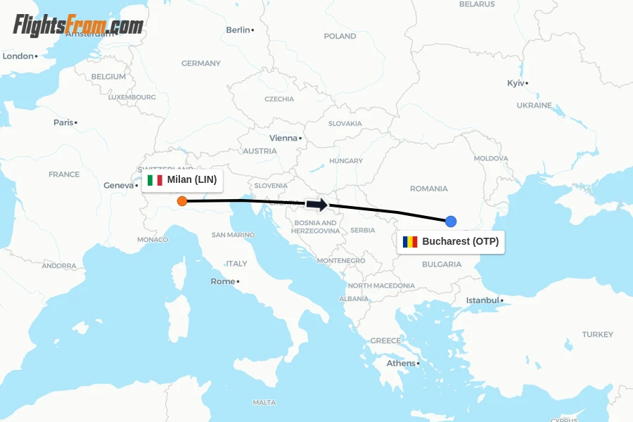 Flights from Milan to Bucharest route map