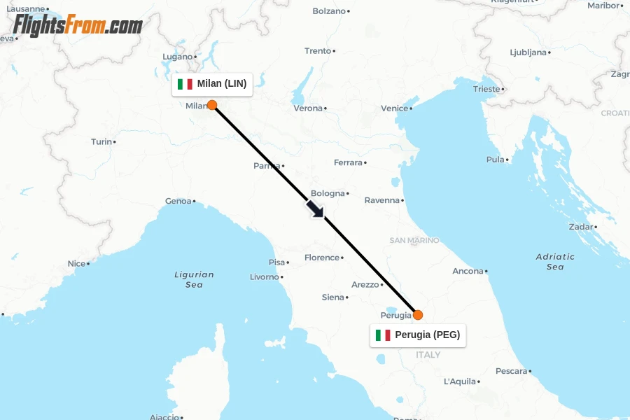 Flights from Milan to Perugia route map