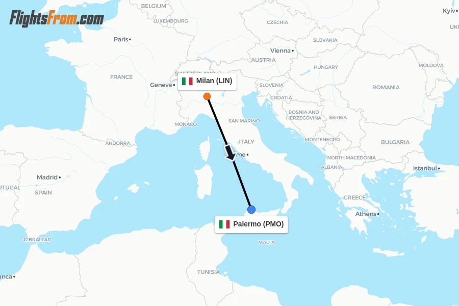 Flights from Milan to Palermo route map
