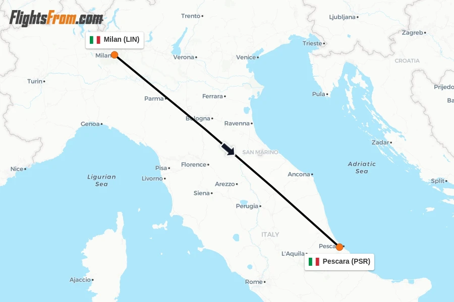 Flights from Milan to Pescara route map