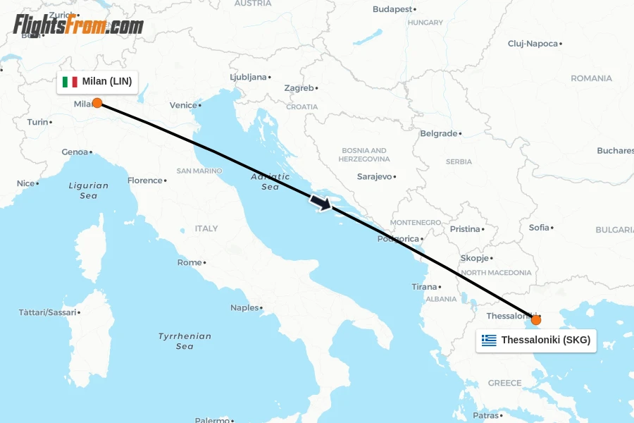 Flights from Milan to Thessaloniki route map