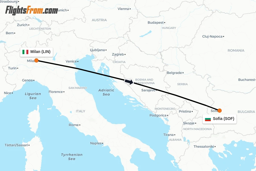 Flights from Milan to Sofia route map