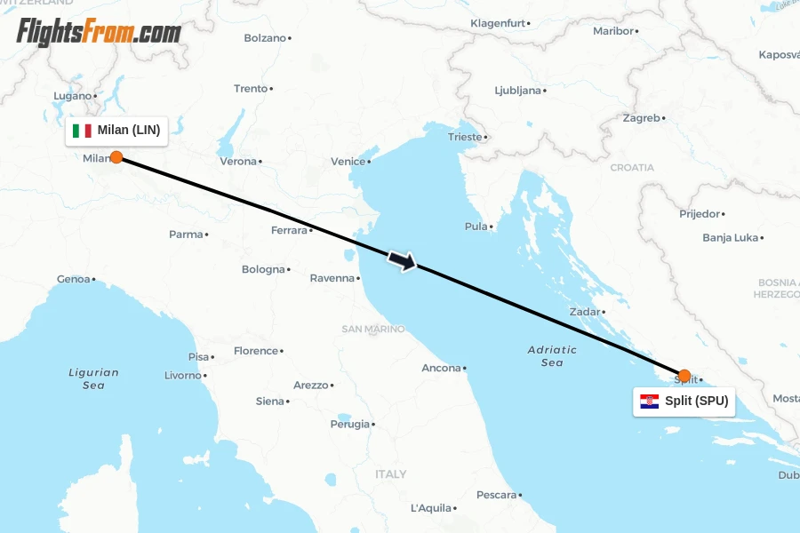 Flights from Milan to Split route map