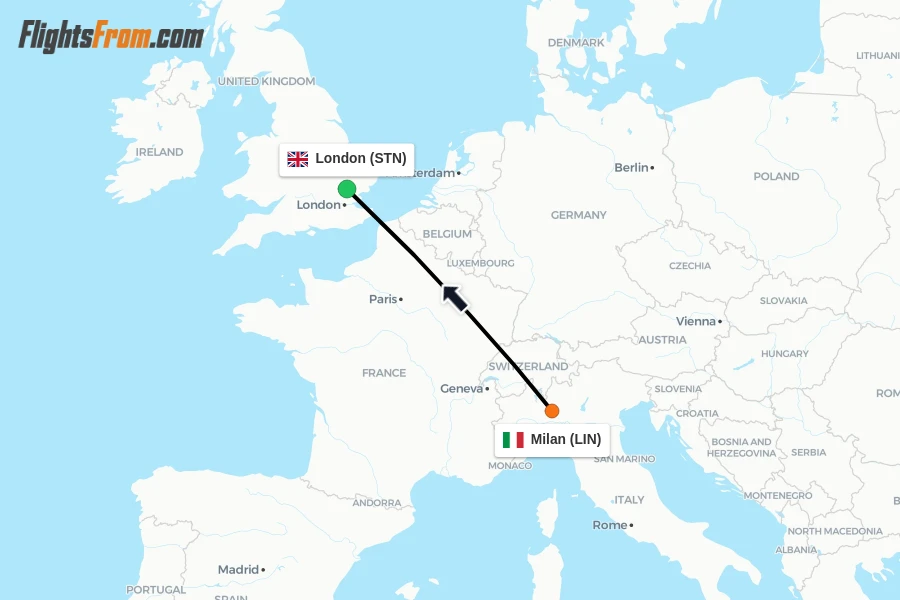 Flights from Milan to London route map