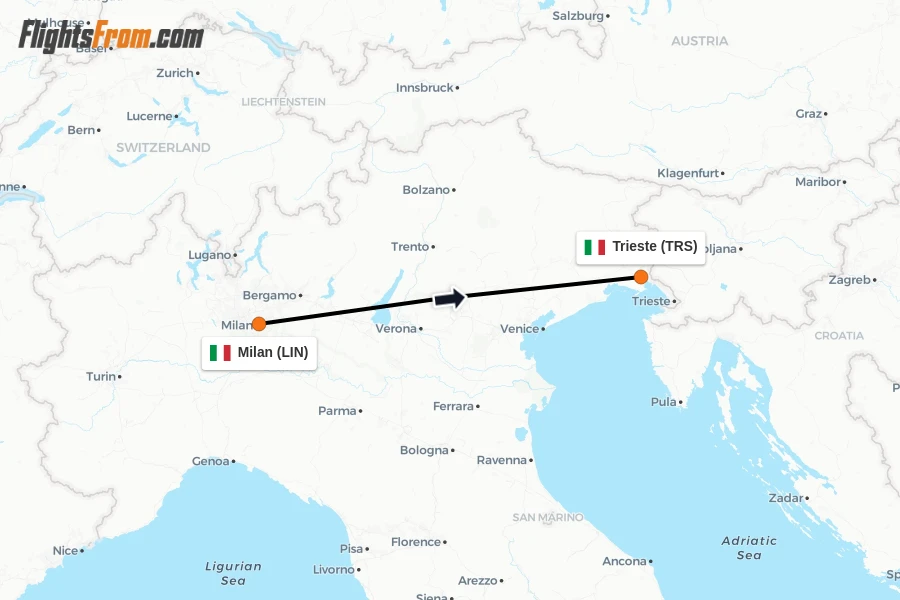 Flights from Milan to Trieste route map