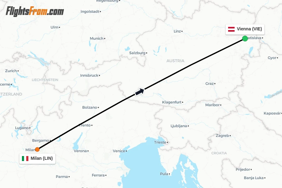 Flights from Milan to Vienna route map