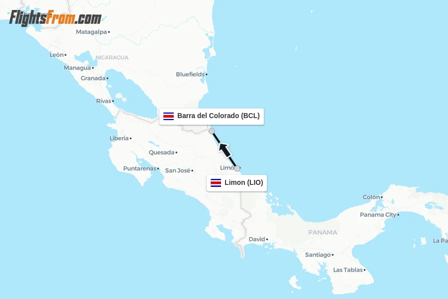 Flights from Limon to Barra del Colorado route map