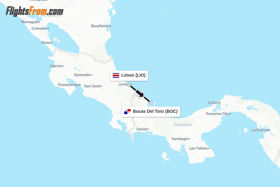 Flights from Limon to Bocas Del Toro route map