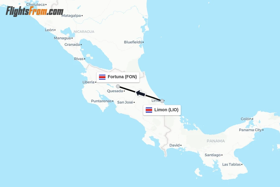 Flights from Limon to Fortuna route map