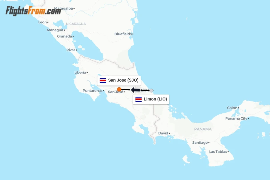 Flights from Limon to San Jose route map