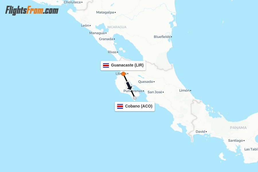 Flights from Guanacaste to Cobano route map