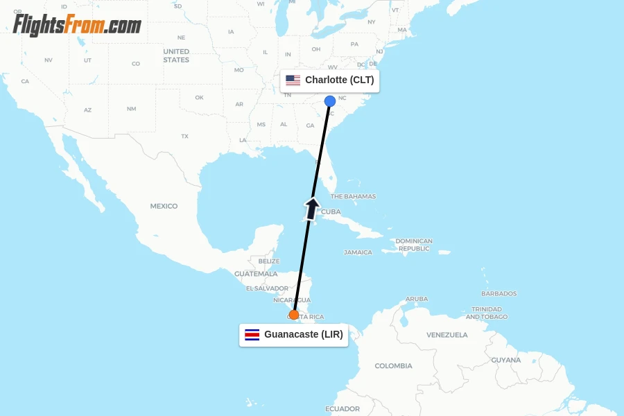 Flights from Guanacaste to Charlotte route map