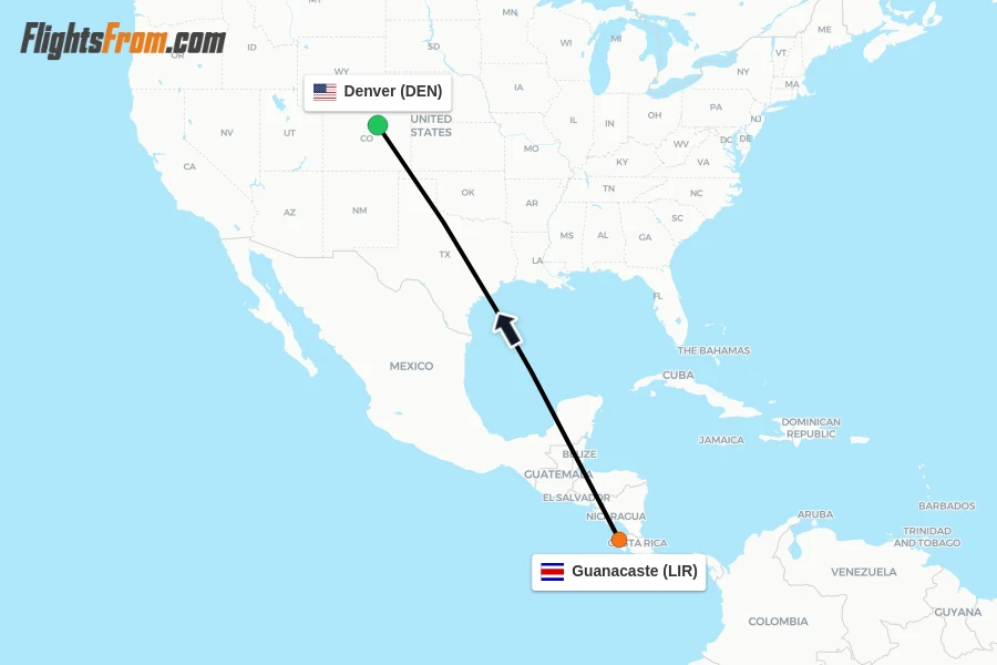 Flights from Guanacaste to Denver route map