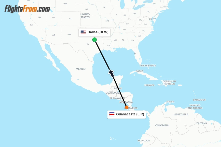 Flights from Guanacaste to Dallas route map
