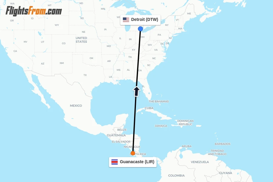 Flights from Guanacaste to Detroit route map