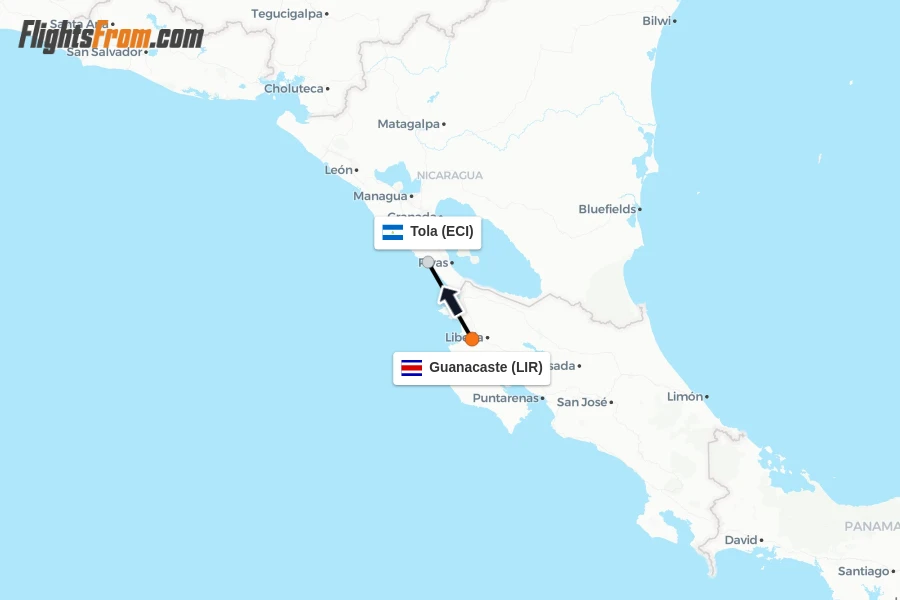 Flights from Guanacaste to Tola route map