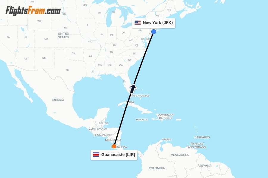Flights from Guanacaste to New York route map