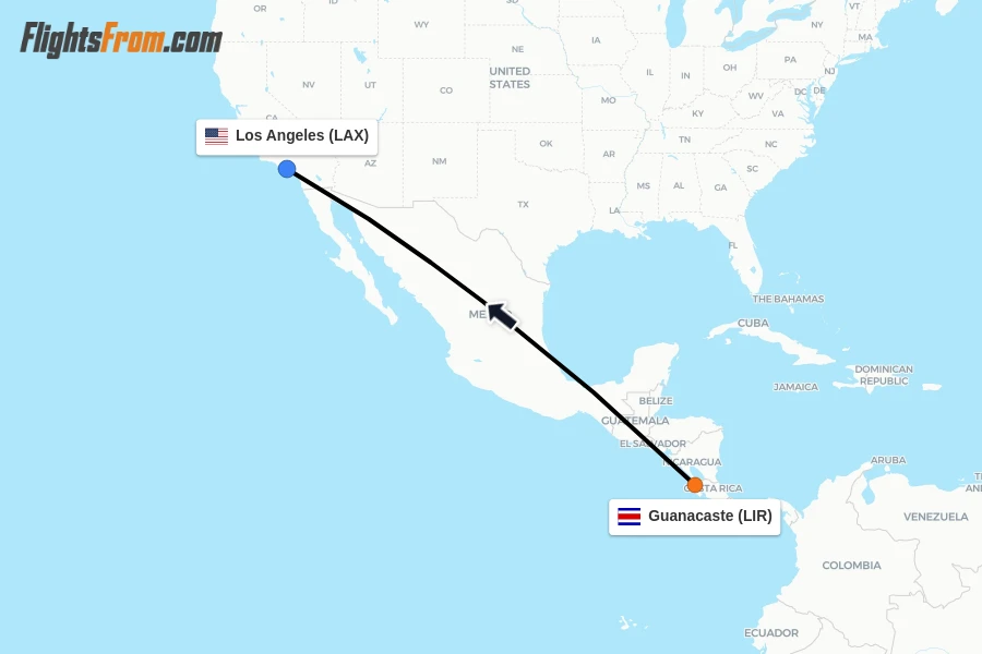 Flights from Guanacaste to Los Angeles route map