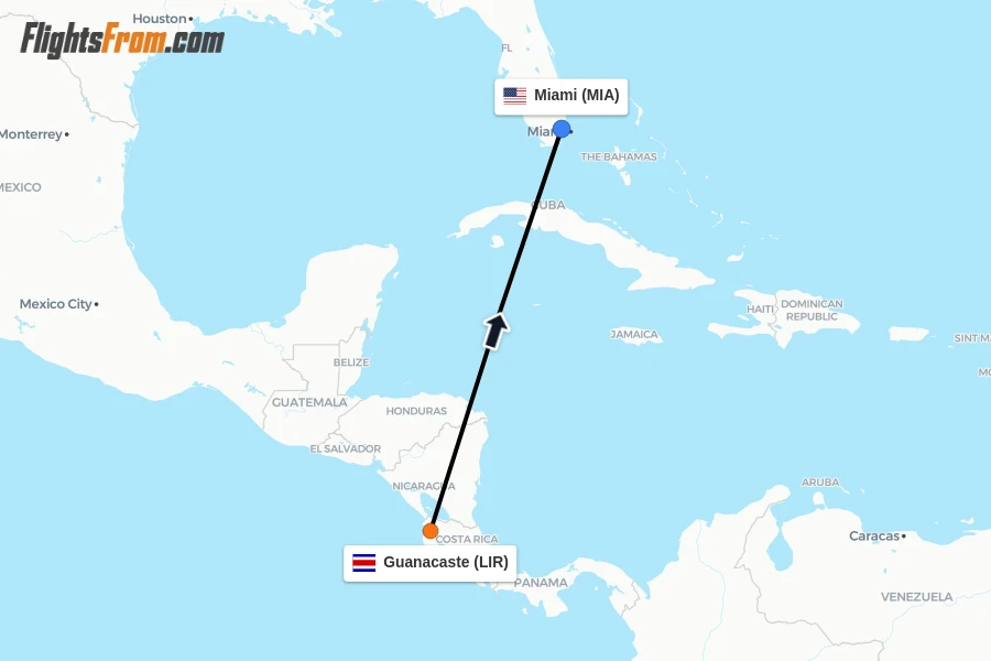 Flights from Guanacaste to Miami route map