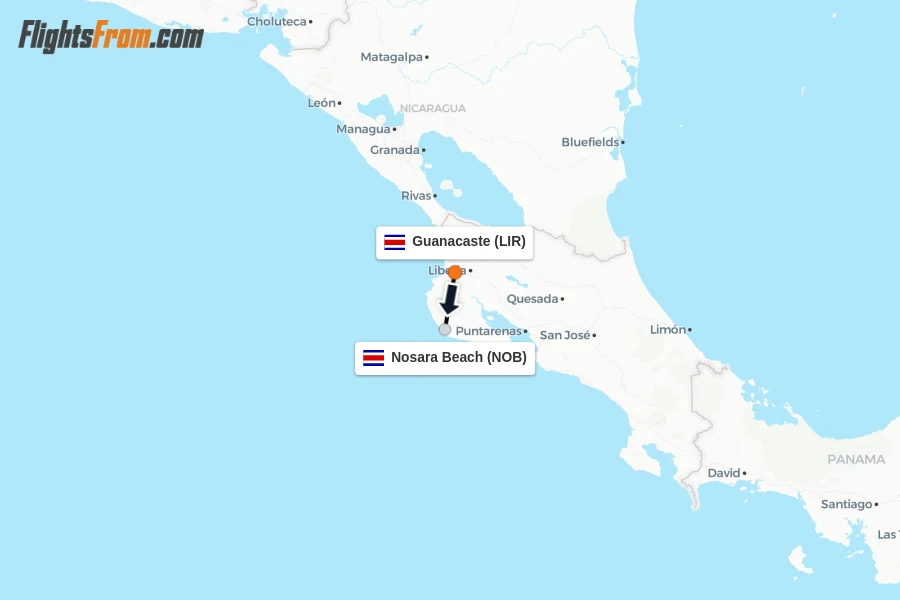 Flights from Guanacaste to Nosara Beach route map