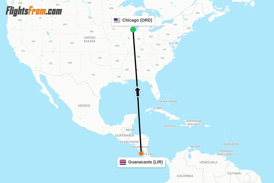 Flights from Guanacaste to Chicago route map