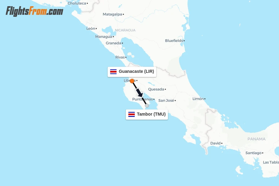 Flights from Guanacaste to Tambor route map