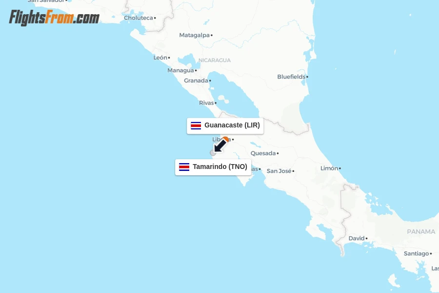 Flights from Guanacaste to Tamarindo route map