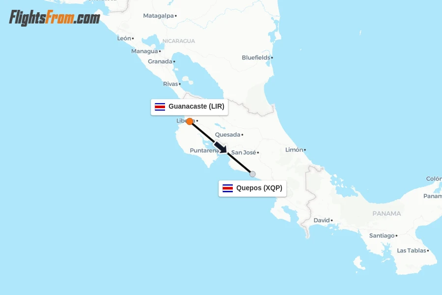 Flights from Guanacaste to Quepos route map