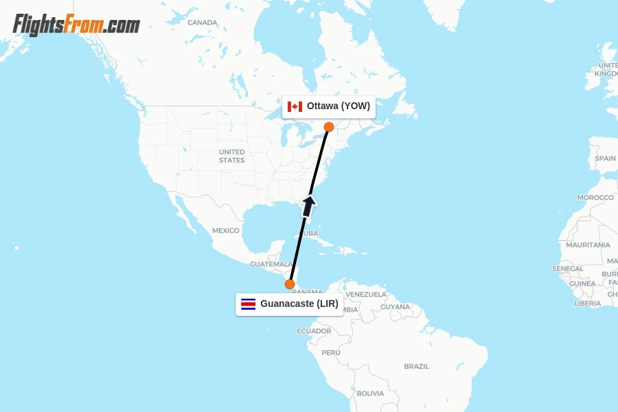 Flights from Guanacaste to Ottawa route map