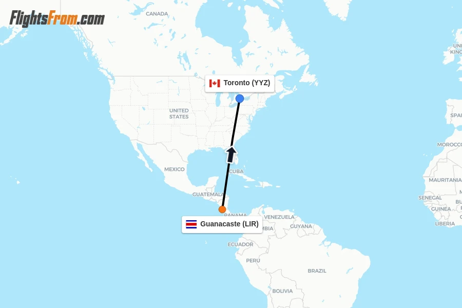 Flights from Guanacaste to Toronto route map