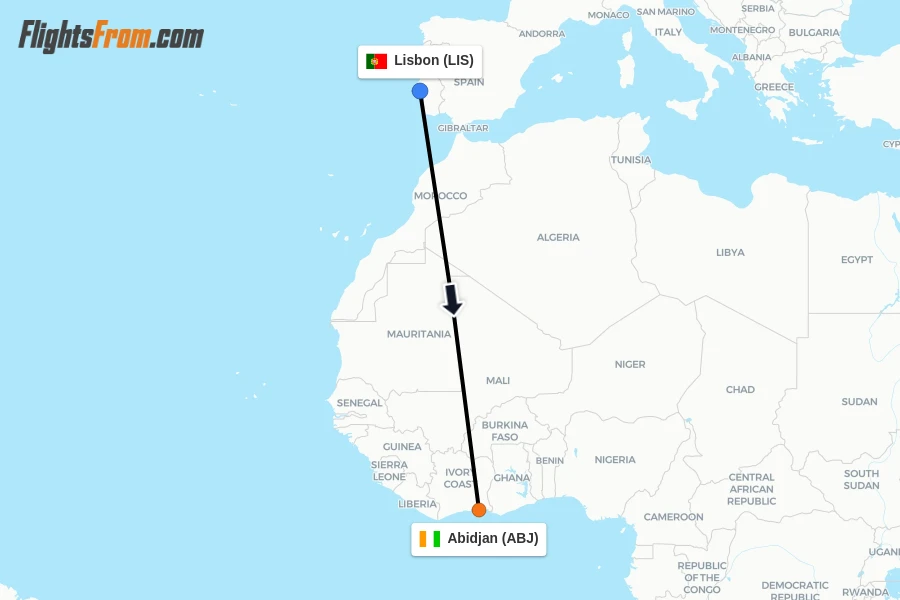 Flights from Lisbon to Abidjan route map