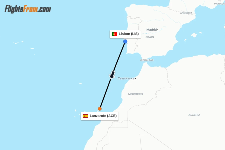 Flights from Lisbon to Lanzarote route map